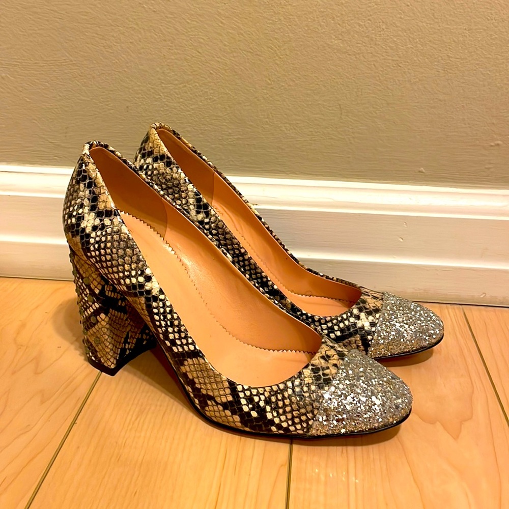 JCrew Snakeskin Printed Heels with Glitter Toe